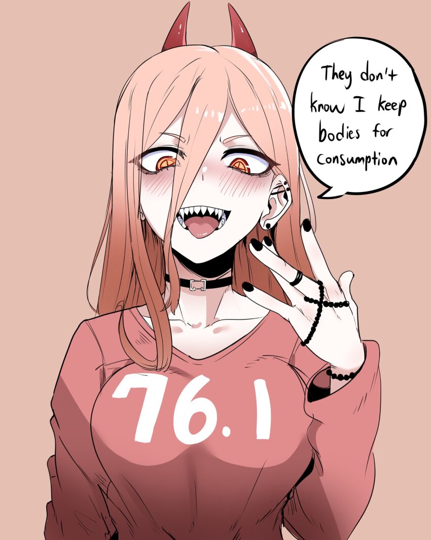 1girl, bags_under_eyes, black_choker, black_nails, blush, breasts, chainsaw_man, choker, ear_ornament, earrings, english_text, eyeliner, flower, hair_between_eyes, hair_flower, hair_ornament, highres, horns, jewelry, kaneyarts, large_breasts, long_bangs, long_hair, long_sleeves, makeup, nail_polish, open_mouth, pink_background, pink_hair, power_(chainsaw_man), ring, sharp_teeth, sidelocks, simple_background, solo, speech_bubble, teeth, tongue, tongue_out