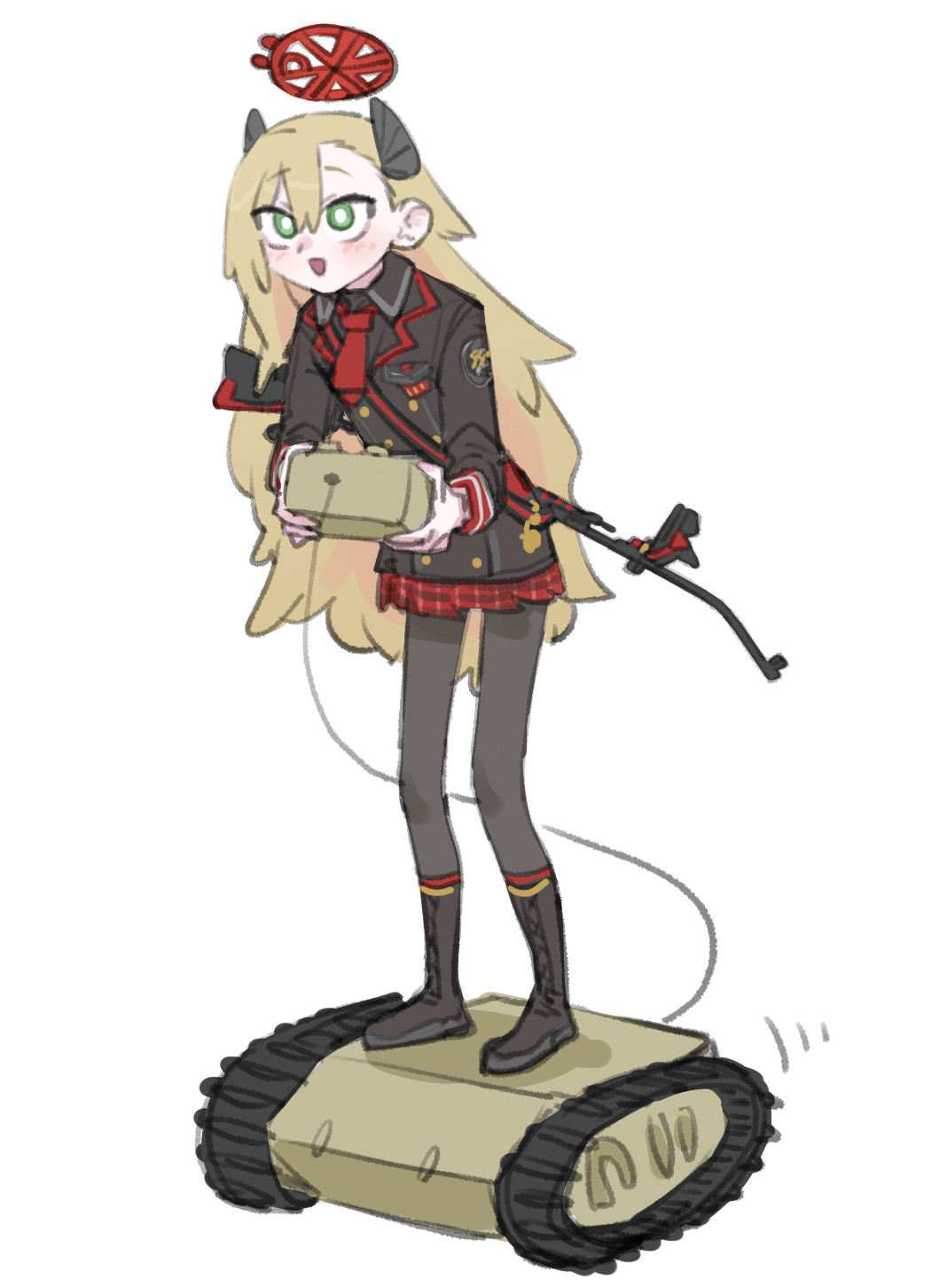 1girl, bent_barrel, blonde_hair, blue_archive, boots, bright_pupils, controller, explosive