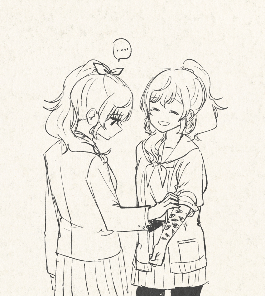 2girls, asahina_mikuru, chichan54_(clubhappy), highres, long_sleeves, medium_hair, monochrome, multiple_girls