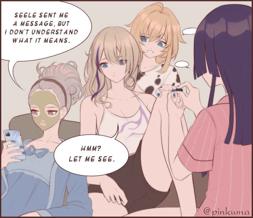 4girls, alternate_costume, alternate_hairstyle, black_shorts, blonde_hair, blue_eyes, blue_nails, blue_shirt, blue_sleeves, bronya_rand, commentary, english_commentary, english_text, grey_eyes, grey_hair, highres, holding, holding_phone, honkai:_star_rail, honkai_(series), looking_at_phone, lynx_landau, multicolored_hair, multiple_girls, pela_(honkai:_star_rail), phone, pink_shirt, pinkuma, serval_landau, shirt, shorts, siblings, sisters, sitting, sleepover, speech_bubble, streaked_hair, tank_top, twitter_username, white_shirt, white_tank_top