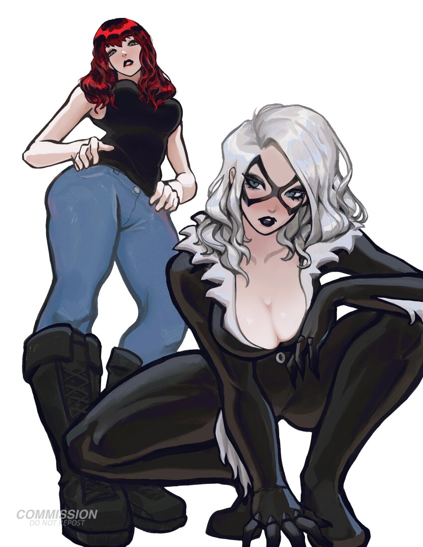 2girls, absurdres, black_bodysuit, black_cat_(marvel), black_footwear, black_shirt, blue_eyes, bodysuit, breasts, cleavage, denim, domino_mask, eye_mask, felicia_hardy, fur_trim, highres, jeans, large_breasts, long_hair, looking_at_viewer, marvel, mary_jane_watson, mask, medium_breasts, multiple_girls, pants, parted_lips, peter_chai, red_hair, shirt, simple_background, skin_tight, spider-man_(series), squatting, superhero_costume, the_amazing_spider-man, western_comics_(style), white_background, white_hair