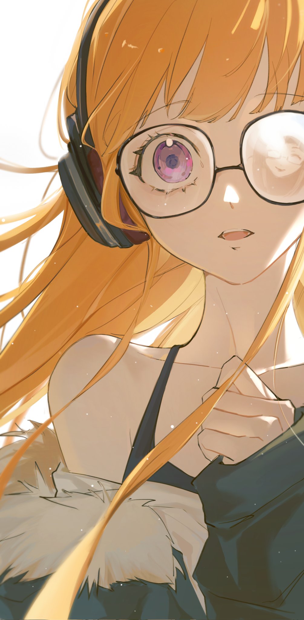 2girls, bare_shoulders, black-framed_eyewear, black_hair, black_shirt, closed_eyes, closed_mouth, collarbone