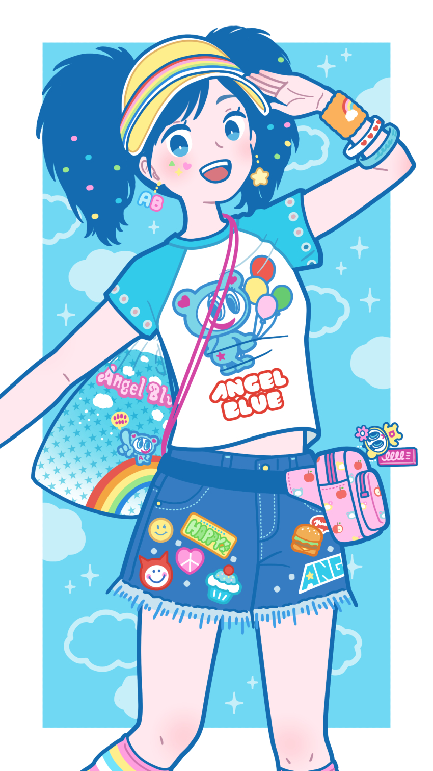 1girl, angel_blue, blue_eyes, blue_shorts, blue_theme, bracelet, bright_pupils, earrings