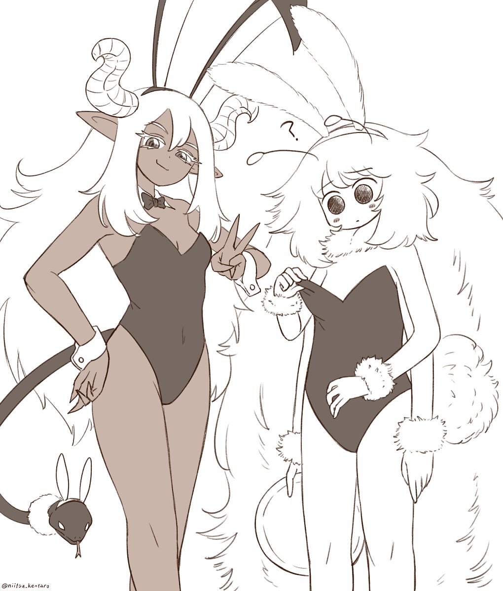 2girls, ?, adjusting_clothes, adjusting_leotard, animal_ear_headwear, animal_ears, antennae, arthropod_girl, black_leotard, blonde_hair, cropped_legs, dark-skinned_female, dark_skin, demon_girl, demon_horns, enutsuu, extra_arms, fake_animal_ears, highres, holding_dray, horns, insect_girl, leotard, long_hair, looking_at_viewer, monochrome, moth_antennae, moth_girl, multiple_girls, original, playboy_bunny, pointy_ears, rabbit_ears, sidelocks, snake_tail, standing, strapless, strapless_leotard, tail, v, wrist_cuffs