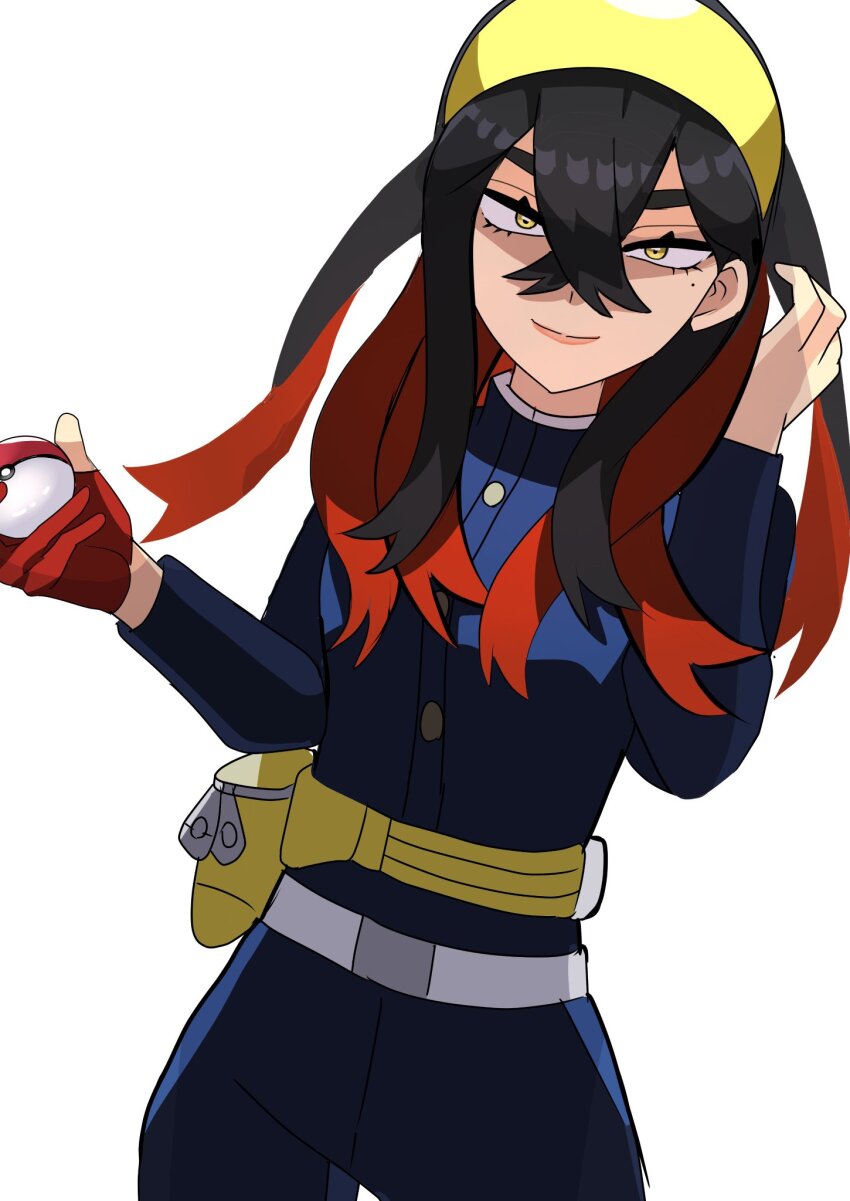 1girl, akisame_kanon, black_hair, carmine_(pokemon), colored_inner_hair, crossed_bangs, eyelashes, fanny_pack