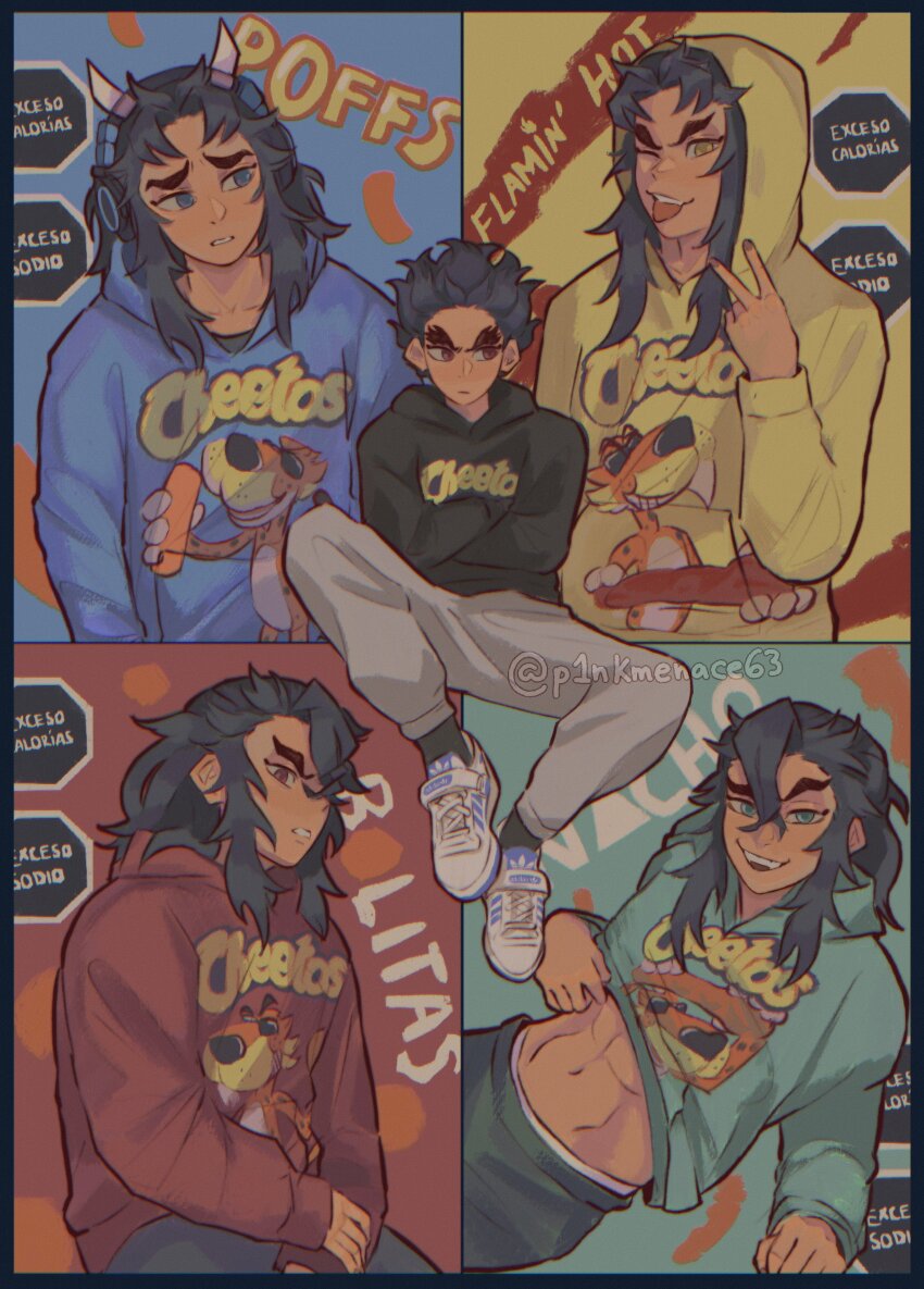 4boys, abs, absurdres, aizetsu_(kimetsu_no_yaiba), artist_name, black_hair, black_hoodie, black_socks, blue_background, blue_hoodie, cheetos, chester_cheetah, closed_mouth, clothes_lift, commentary, contemporary, dark-skinned_male, dark_skin, english_commentary, furrowed_brow, green_background, grey_pants, hand_up, headphones, highres, hood, hood_down, hoodie, hoodie_lift, humanization, karaku_(kimetsu_no_yaiba), kimetsu_no_yaiba, lifting_own_clothes, long_hair, long_sleeves, looking_at_viewer, looking_to_the_side, male_focus, multicolored_background, multiple_boys, muted_color, naughty_face, p1nkmenace63, pants, raised_eyebrow, red_background, red_hoodie, sekido_(kimetsu_no_yaiba), shirt_lift, shoes, short_hair, sitting, sleeves_past_wrists, sneakers, socks, spanish_text, thick_eyebrows, toned, toned_male, tongue, tongue_out, twitter_username, urogi_(kimetsu_no_yaiba), v, white_footwear, yellow_background, yellow_eyes, yellow_hoodie, zohakuten_(kimetsu_no_yaiba)