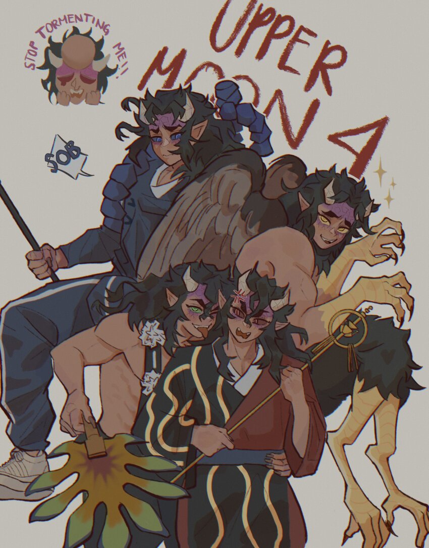 5boys, aizetsu_(kimetsu_no_yaiba), animal_feet, animal_hands, bird_wings, black_hair, black_kimono, blue_eyes