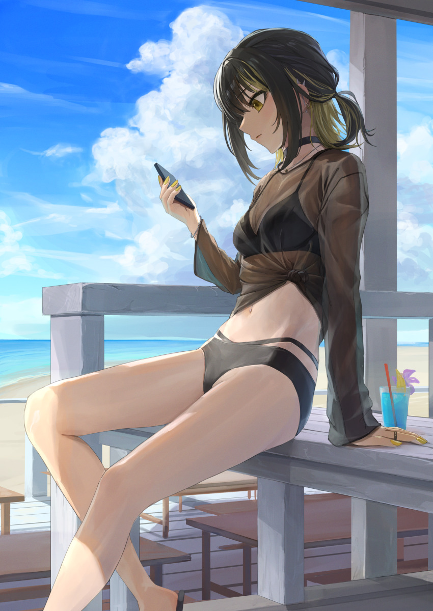 1girl, absurdres, ano_(gccx8784), arm_support, barbell_piercing, beach, bikini, bikini_under_clothes, black_bikini, black_choker, black_hair, blonde_hair, cellphone, choker, cloud, commentary_request, day, drinking_straw, ear_piercing, earrings, flip-flops, from_side, glass, highres, holding, holding_phone, idolmaster, idolmaster_shiny_colors, ikaruga_luca, jewelry, long_sleeves, looking_at_phone, medium_hair, multicolored_hair, nail_polish, navel_piercing, outdoors, phone, piercing, ponytail, profile, sandals, see-through_clothes, see-through_shirt, shirt, short_ponytail, sitting, smartphone, solo, swimsuit, table, tied_shirt, two-tone_hair, water, wooden_floor, wooden_table, yellow_eyes