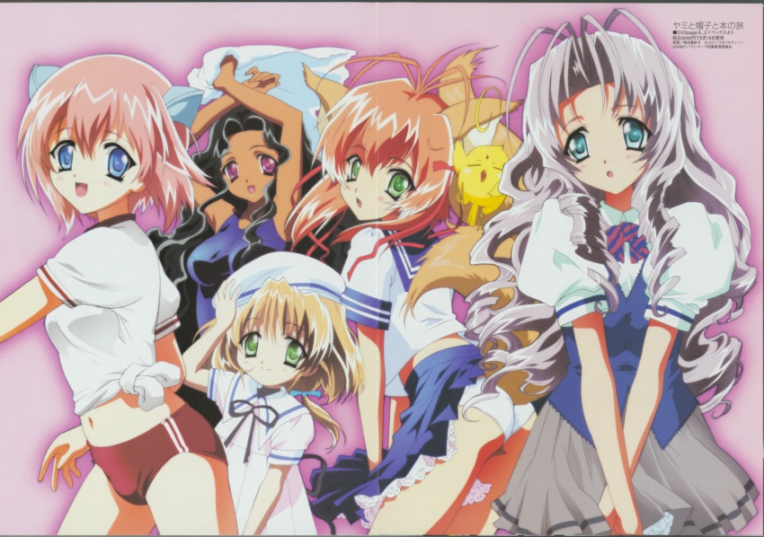 00s, 5girls, :d, animal_ears, arms_up, black_hair, blonde_hair, blue_eyes