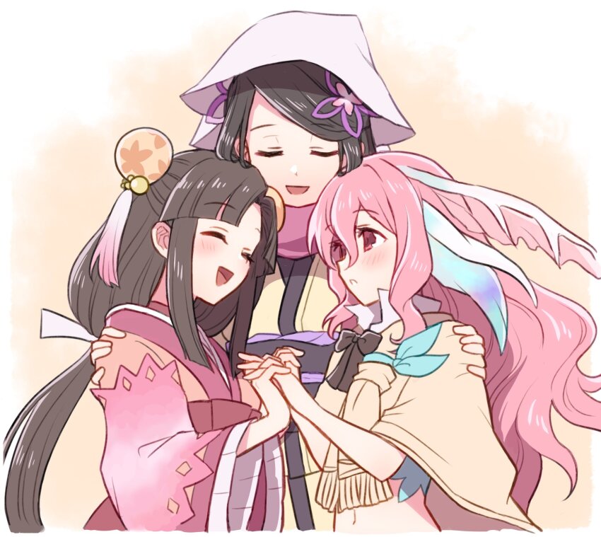 3girls, :d, ^_^, apo_518, black_bow, black_hair, blush, bow