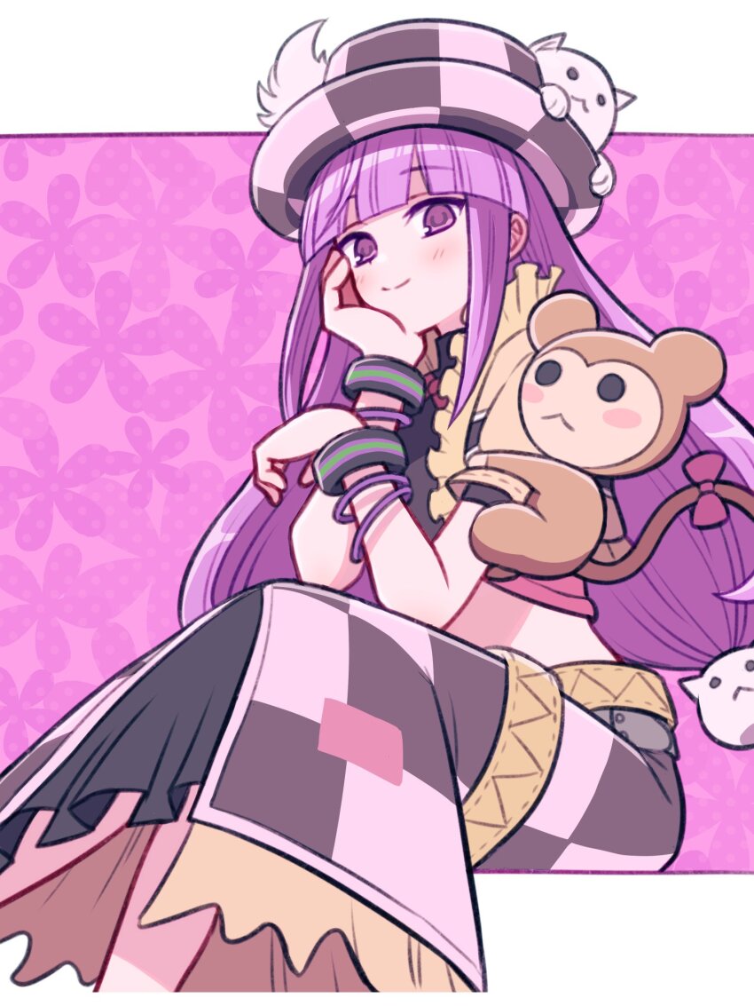 1girl, animal, animal_on_shoulder, apo_518, blunt_bangs, blush, bracelet, cat_hair_ornament, closed_mouth, commentary_request, crop_top, elisa_jalapeno_viviage, hair_ornament, hand_on_own_chin, hand_up, hat, head_rest, highres, jewelry, long_hair, looking_at_viewer, low-tied_long_hair, monkey, multicolored_skirt, purple_eyes, purple_hair, rune_factory, rune_factory_3, sitting, skirt, smile, solo, top_hat, very_long_hair
