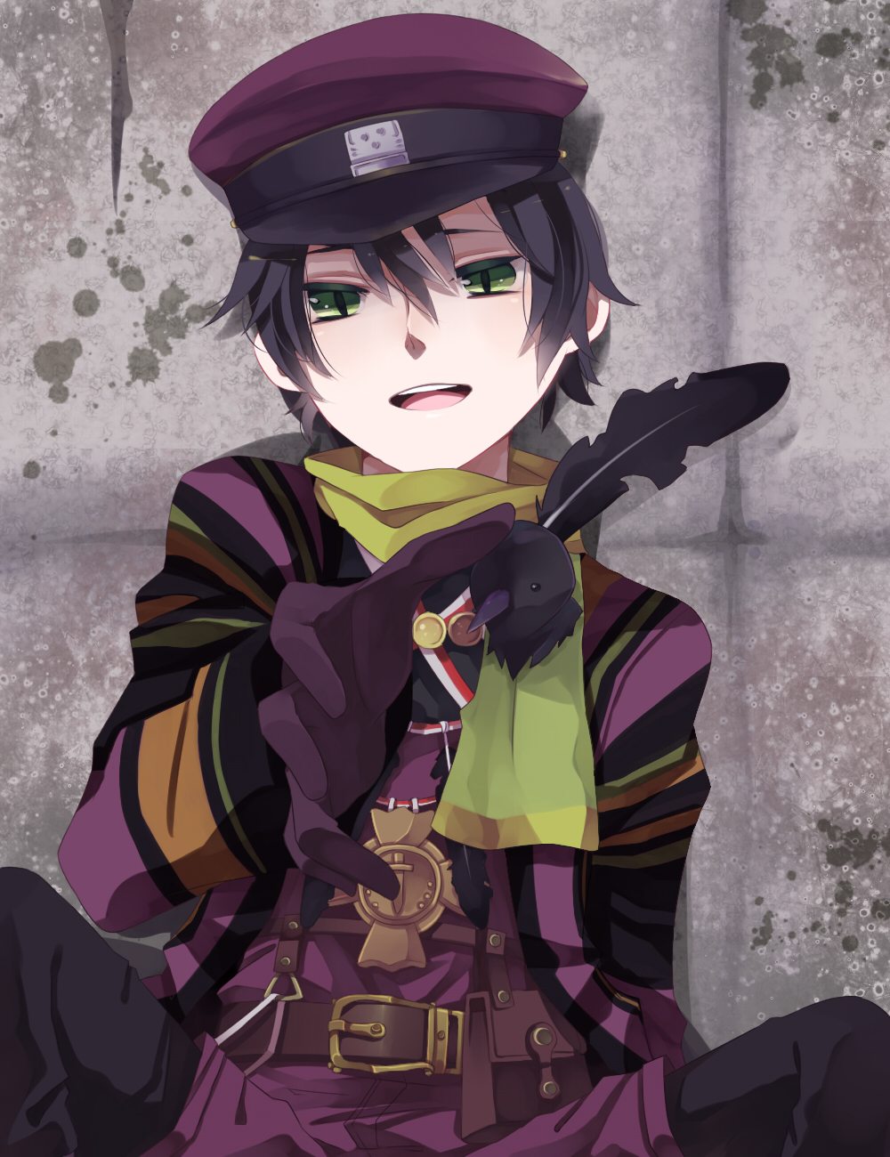 1boy, belt, bird, black_hair, crow, crow_(fragile), feathers, fragile