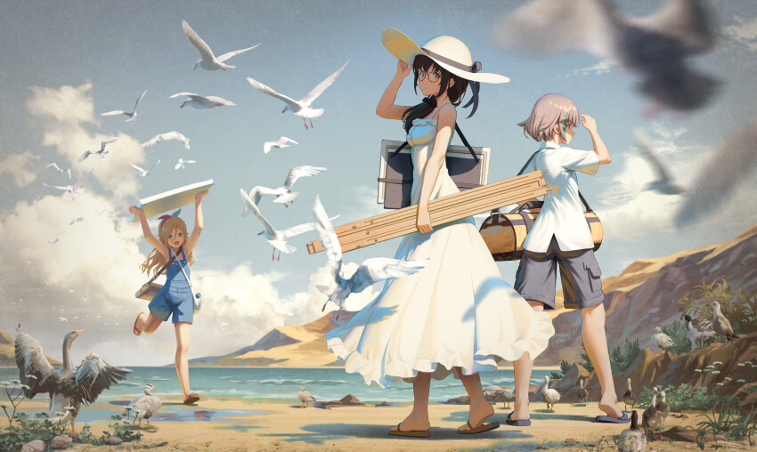 1girl, 3girls, alice_gear_aegis, bag, bird, black_hair, black_pants, black_ribbon