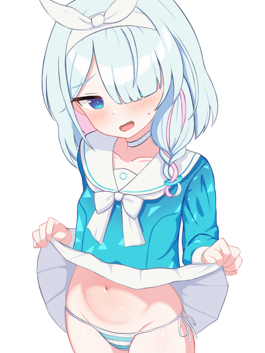 1girl, arona_(blue_archive), bikini, bikini_bottom_only, blue_archive, blue_bikini, blue_eyes, blue_hair