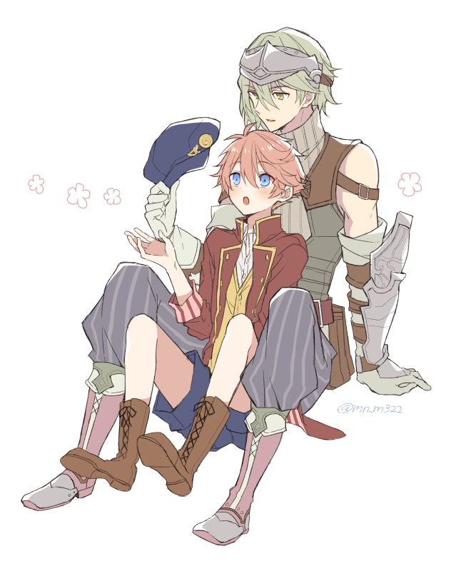 2boys, arm_support, between_legs, blue_eyes, blue_shorts, boots, brothers, brown_footwear, brown_jacket, cecil_(rune_factory), commentary_request, forehead_protector, full_body, gloves, green_eyes, green_hair, grey_pants, hat, holding, holding_unworn_clothes, holding_unworn_hat, jacket, knees_up, looking_at_another, looking_up, male_focus, martin_(rune_factory), mini_mamu, multiple_boys, open_clothes, open_jacket, open_mouth, orange_hair, pants, rune_factory, rune_factory_5, short_hair, shorts, siblings, simple_background, sitting, sleeveless, sleeveless_turtleneck, smile, turtleneck, unworn_hat, unworn_headwear, white_background