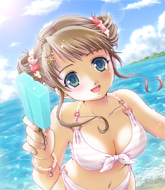 1girl, bikini, blue_eyes, blush, bracelet, breasts, brown_hair, cat_hair_ornament