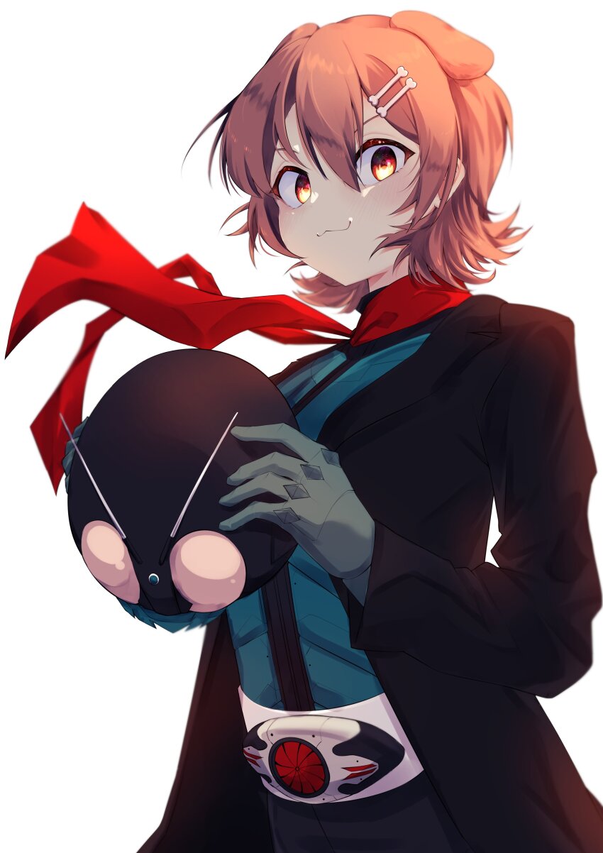 1girl, :3, absurdres, antennae, black_coat, black_jacket, bone_hair_ornament, boots