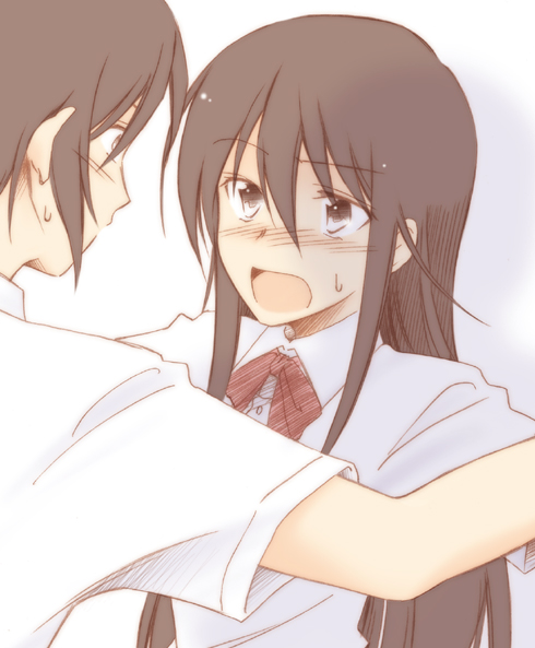 1boy, 1girl, amakusa_shino, blush, long_hair, natsushi, open_mouth, school_uniform
