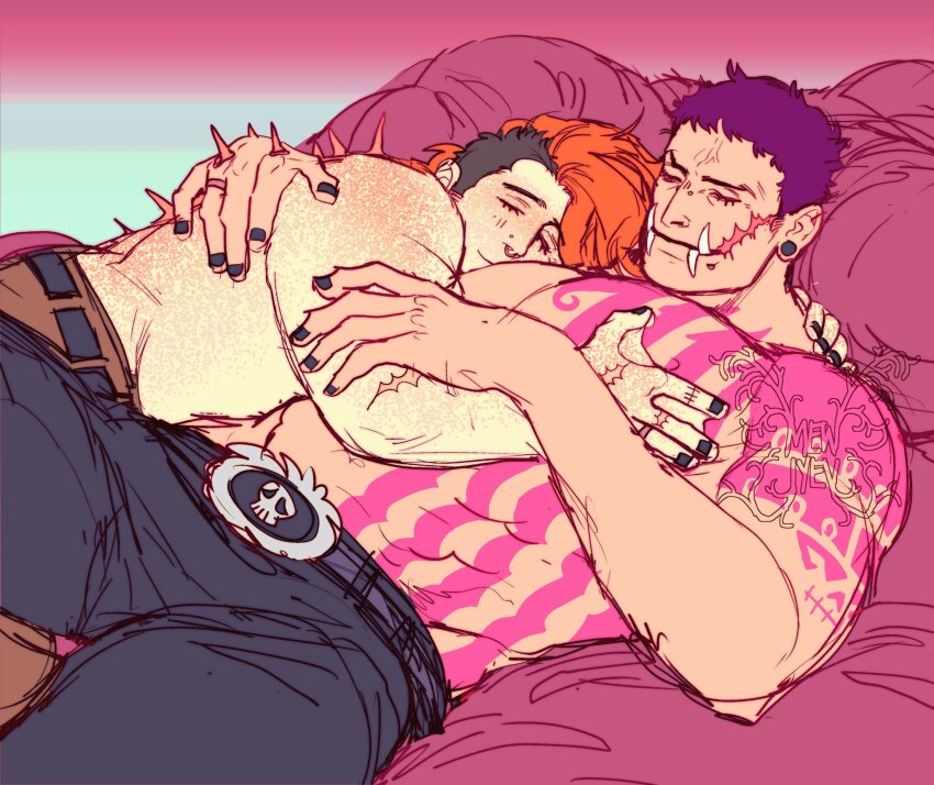 2boys, abs, arm_tattoo, bara, body_freckles, charlotte_katakuri, couple, cuddling, earrings, feet_out_of_frame, fish_boy, freckles, from_side, highres, jewelry, large_pectorals, lying, male_focus, maren_(mewtides), mature_male, medium_hair, mewtides, multiple_boys, muscular, muscular_male, navel, oc_x_canon, on_back, on_bed, one_piece, original, pectoral_grab, pectoral_pillow, pectorals, short_hair, sleeveless, spikes, spread_legs, stomach, strongman_waist, stud_earrings, tattoo, topless_male, tusks, vest, webbed_hands, yaoi
