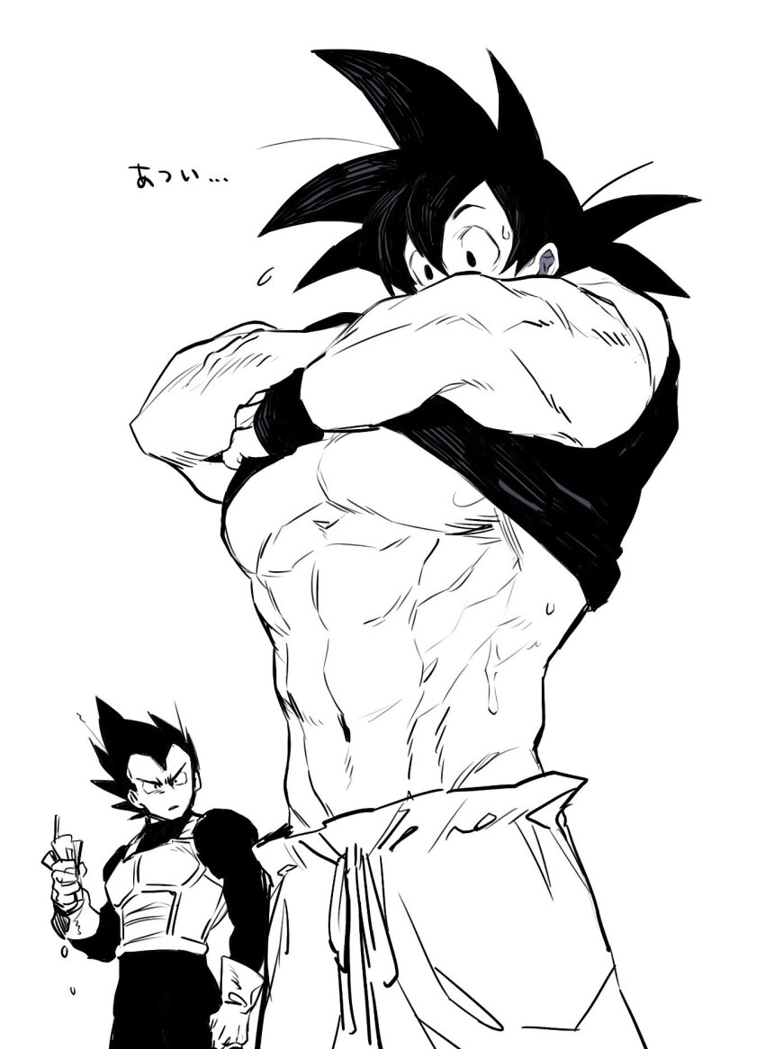 2boys, abs, bara, clothes_lift, crushed_can, dougi, dragon_ball, dragonball_z, flying_sweatdrops, from_below, frown, greyscale, highres, large_pectorals, lifting_own_clothes, looking_at_pectorals, male_focus, monochrome, multiple_boys, muscular, muscular_male, no_alert2038, pectorals, shirt_lift, short_hair, son_goku, spiked_hair, sweat, thick_eyebrows, translation_request, underpec, undressing, vegeta, yaoi