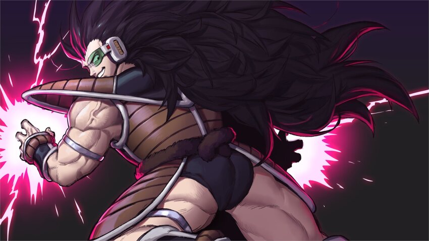 1boy, bara, black_hair, dragon_ball, dragonball_z, energy, evil_smile, from_behind, highres, long_hair, looking_back, male_focus, male_underwear_lift, monkey_tail, muscular, muscular_male, no_alert2038, raditz, red_lightning, saiyan, saiyan_armor, scouter, smile, solo, spiked_hair, tail, thick_eyebrows, thick_thighs, thighs, veins, veiny_arms