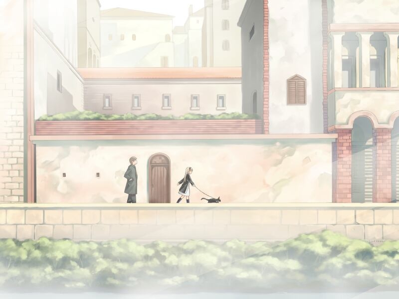 1boy, 1girl, alan_(bittersweet_fools), bittersweet_fools, blonde_hair, brown_hair, cat, city, coat, game_cg, leash, long_hair, river, short_hair, tea_(bittersweet_fools), walking