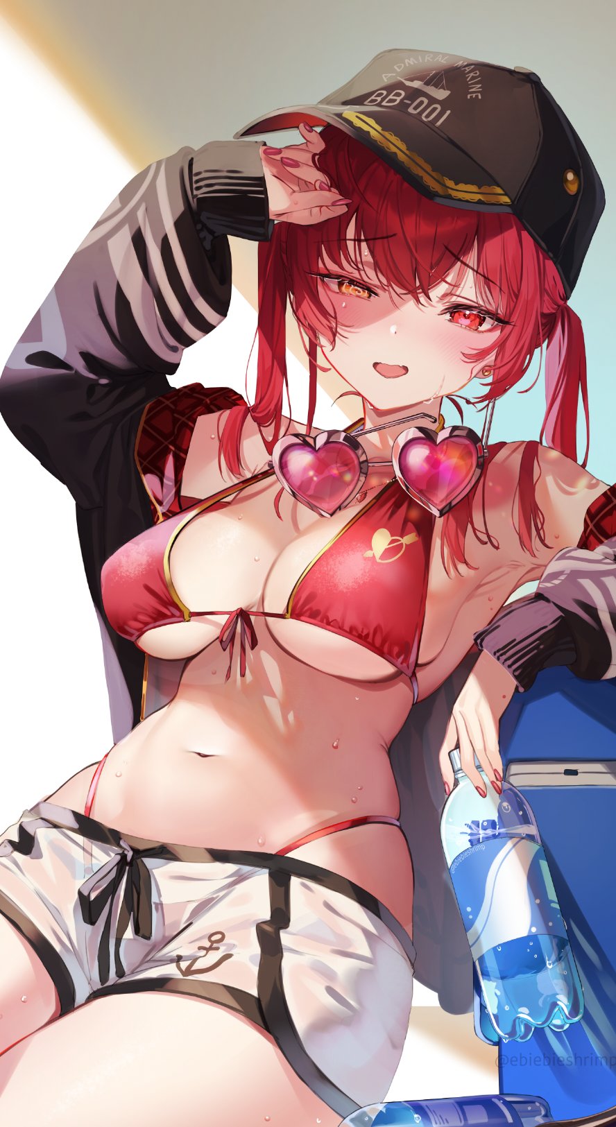 1girl, @_@, anchor_print, arm_rest, baseball_cap, bikini, bikini_bottom_under_shorts, bikini_under_clothes