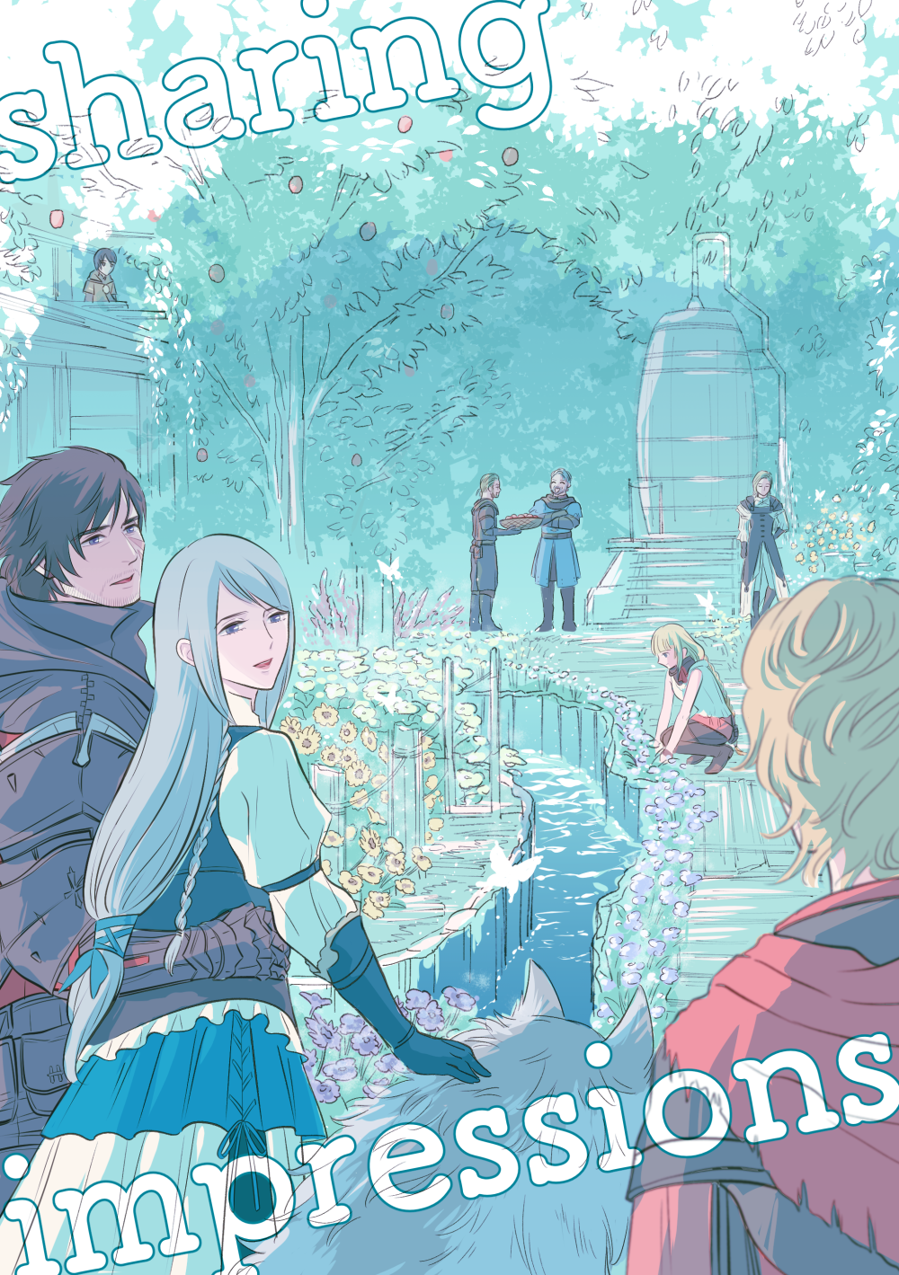 3girls, 5boys, apple, apple_tree, arm_around_another's_waist, braid, byron_rosfield, clive_rosfield