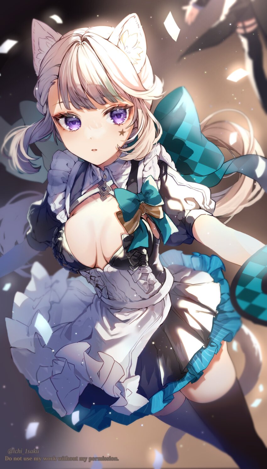 1girl, absurdres, animal_ears, apron, aqua_bow, artist_name, black_dress, blurry, blurry_background, bow, breasts, cat_ears, cat_girl, cat_tail, cleavage, coattails, collared_dress, commentary_request, dress, facial_mark, facial_tattoo, frilled_apron, frilled_dress, frills, genshin_impact, highres, holding, huge_bow, ichiyume_ichiyu, juliet_sleeves, long_sleeves, looking_at_viewer, lynette_(genshin_impact), lyney_(genshin_impact), maid_apron, miniskirt, open_mouth, outstretched_arms, pale_skin, puffy_short_sleeves, puffy_sleeves, purple_eyes, short_sleeves, skirt, small_breasts, solo_focus, star_(symbol), star_facial_mark, star_tattoo, tail, tailcoat, tattoo, thighhighs, waist_apron, watermark, white_apron