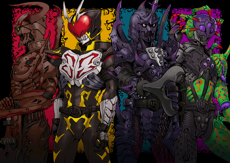 4boys, armor, beetle_undead, breastplate, glowing, glowing_eyes, green_eyes, heart, helmet, horns, kamen_rider, kamen_rider_blade_(series), machinery, male_focus, mantis_undead, moi, monster, multiple_boys, spider_undead, stag_undead, standing, thorns