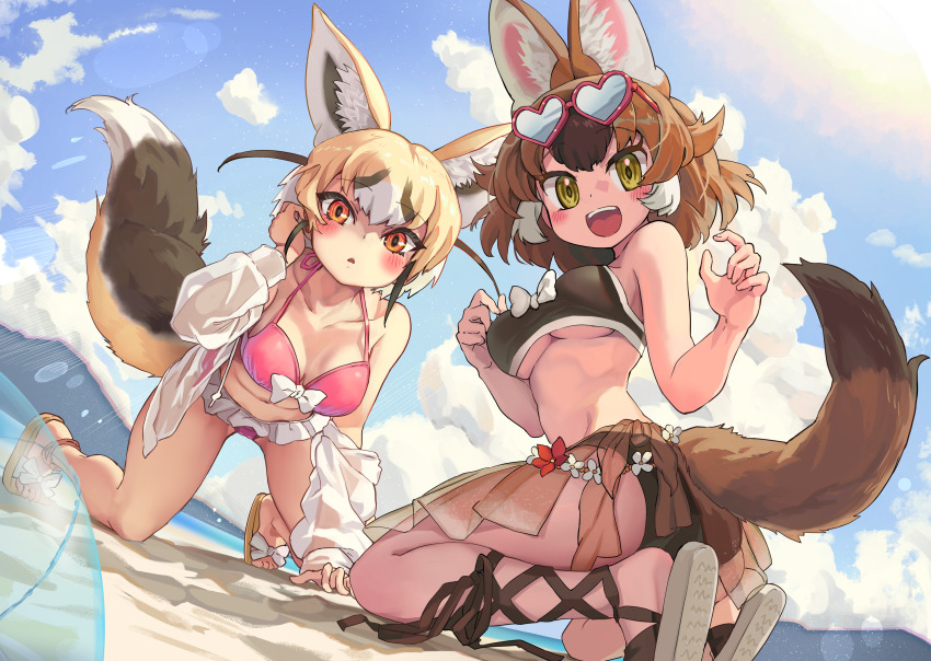 2girls, absurdres, all_fours, animal_ear_fluff, animal_ears, ball, beach, beachball, bikini, bikini_under_clothes, black_bikini, black_hair, blonde_hair, blue_sky, blush, bow, bow_bikini, breasts, brown_hair, collarbone, day, dhole_(kemono_friends), dog_ears, dog_girl, dog_tail, eyewear_on_head, fisheye, flower, fox_ears, fox_girl, fox_tail, hand_up, hands_up, heart, heart-shaped_eyewear, highres, jacket, kemono_friends, kemono_friends_3, long_sleeves, looking_at_viewer, looking_back, medium_breasts, medium_hair, melaton, multicolored_hair, multiple_girls, open_clothes, open_jacket, open_mouth, orange_eyes, outdoors, parted_bangs, parted_lips, pink_bikini, rueppell's_fox_(kemono_friends), sandals, sarong, see-through_clothes, see-through_sarong, sky, smile, sunglasses, sunlight, swimsuit, tail, twisted_torso, underboob, waves, white_bow, white_hair, yellow_eyes