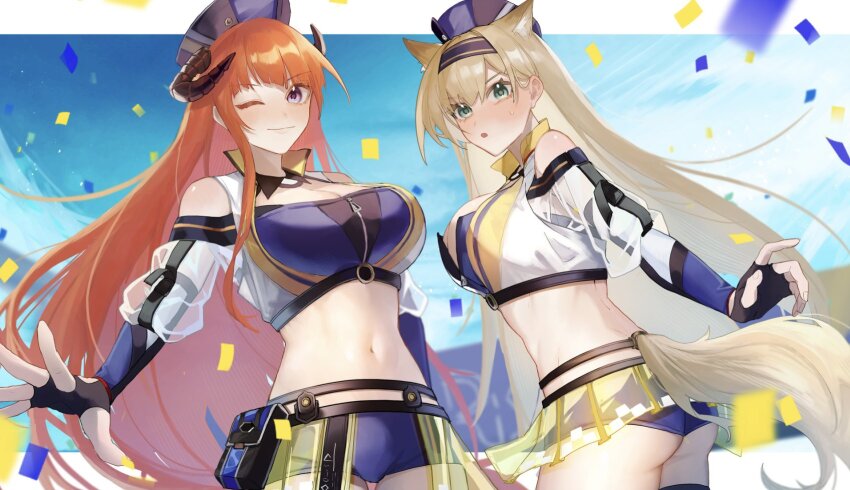 2girls, :o, ;), arknights, ass, bagpipe_(arknights), bagpipe_(arknights)_(cosplay), bagpipe_(queen_no._1)_(arknights)