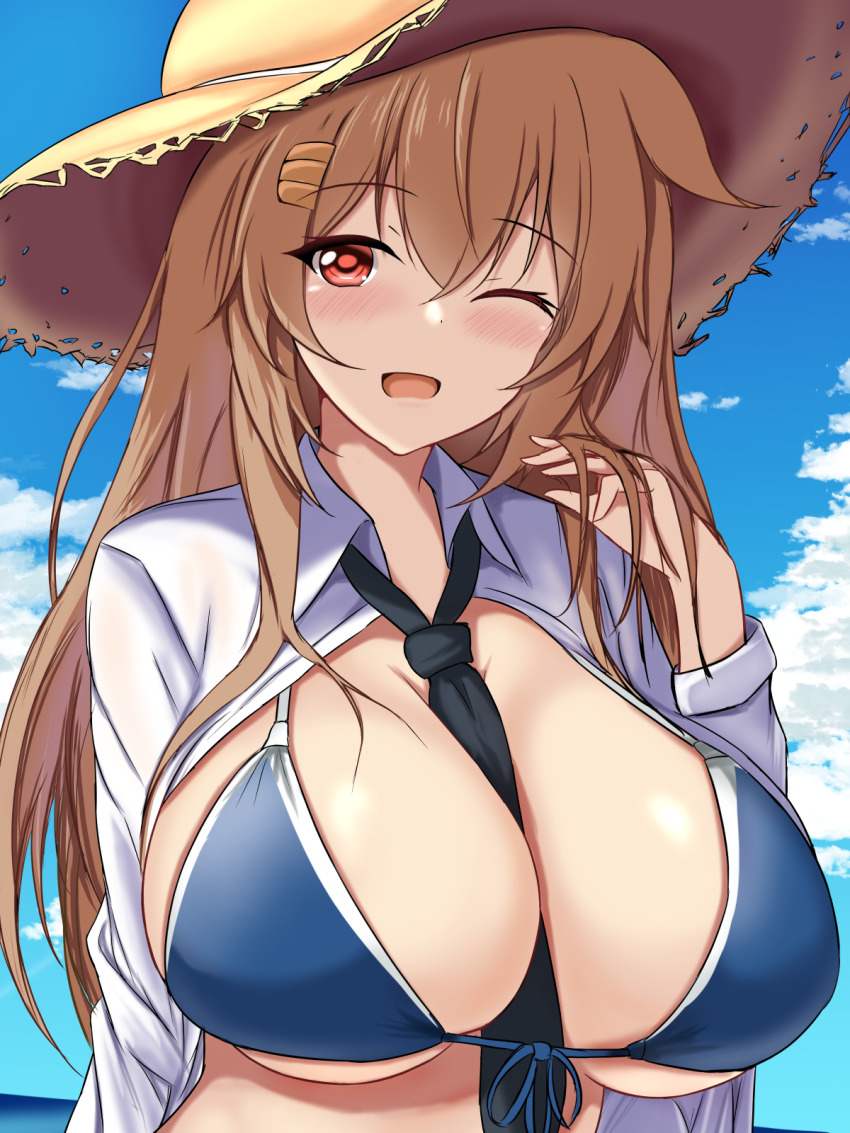 1girl, alternate_costume, beach, between_breasts, bikini, blue_bikini, blue_sky, breasts