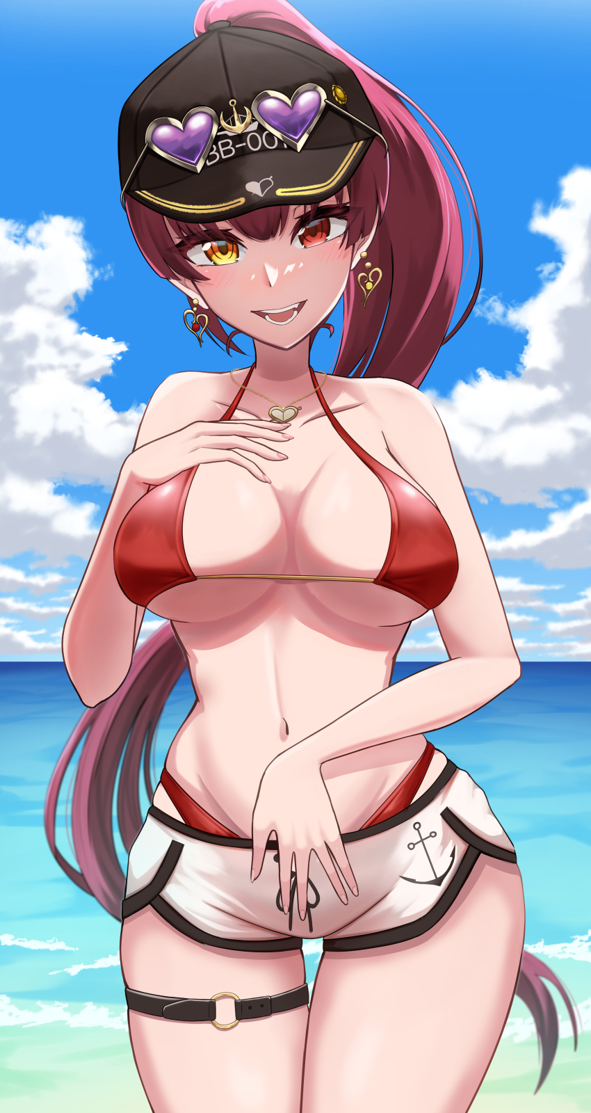 1girl, absurdres, baseball_cap, beach, bikini, bikini_bottom_under_shorts, bikini_under_clothes, black_hat, blue_sky, breasts, cloud, earrings, eyewear_on_head, gold_earrings, gold_necklace, hakuou0714, hand_on_own_chest, hat, heart, heart-shaped_eyewear, heart_earrings, heart_necklace, heterochromia, high_ponytail, highres, hololive, houshou_marine, houshou_marine_(summer), jewelry, large_breasts, long_hair, navel, necklace, o-ring, o-ring_thigh_strap, open_mouth, ponytail, red_bikini, red_eyes, red_hair, sand, short_shorts, shorts, sky, smile, solo, sunglasses, swimsuit, thigh_strap, virtual_youtuber, water, white_shorts, yellow_eyes