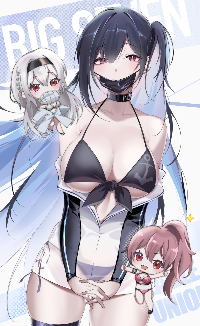 3girls, absurdres, azur_lane, bikini, black_choker, black_hair, breasts, chibi