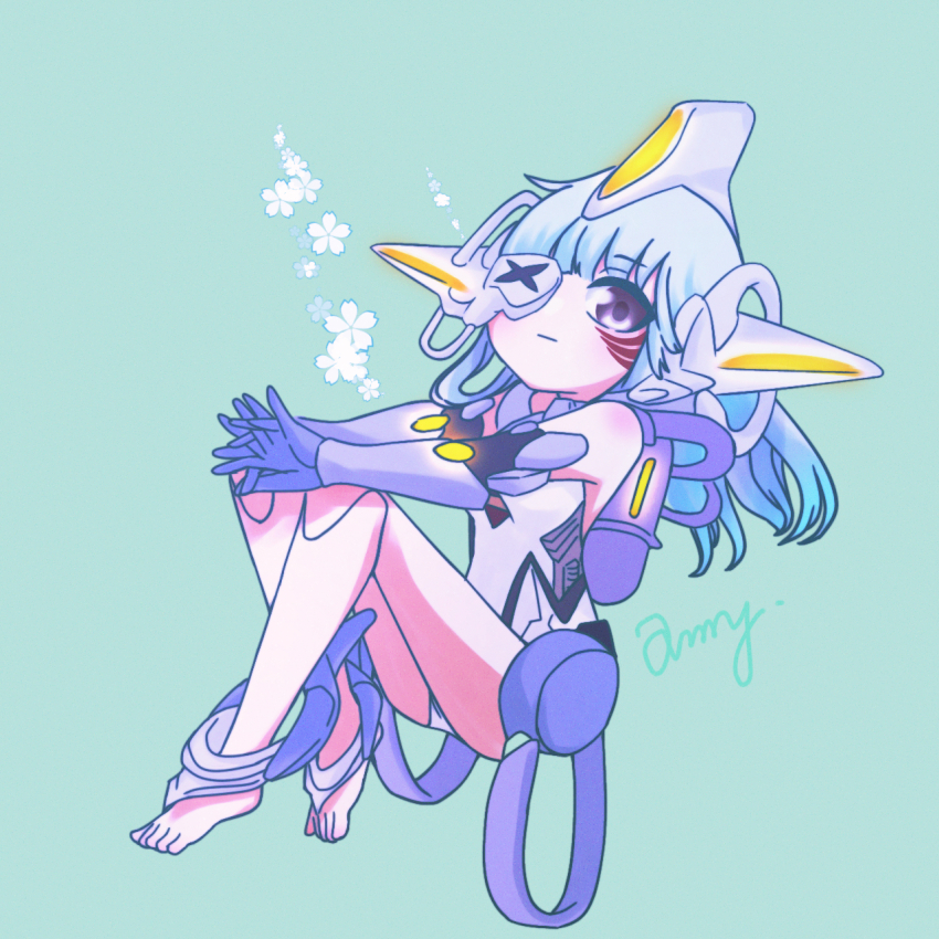 1girl, alina_(girls'_frontline), alina_(mosasaur_rider)_(girls'_frontline), anklet, barefoot, brown_eyes, cherry_blossom_print, closed_mouth