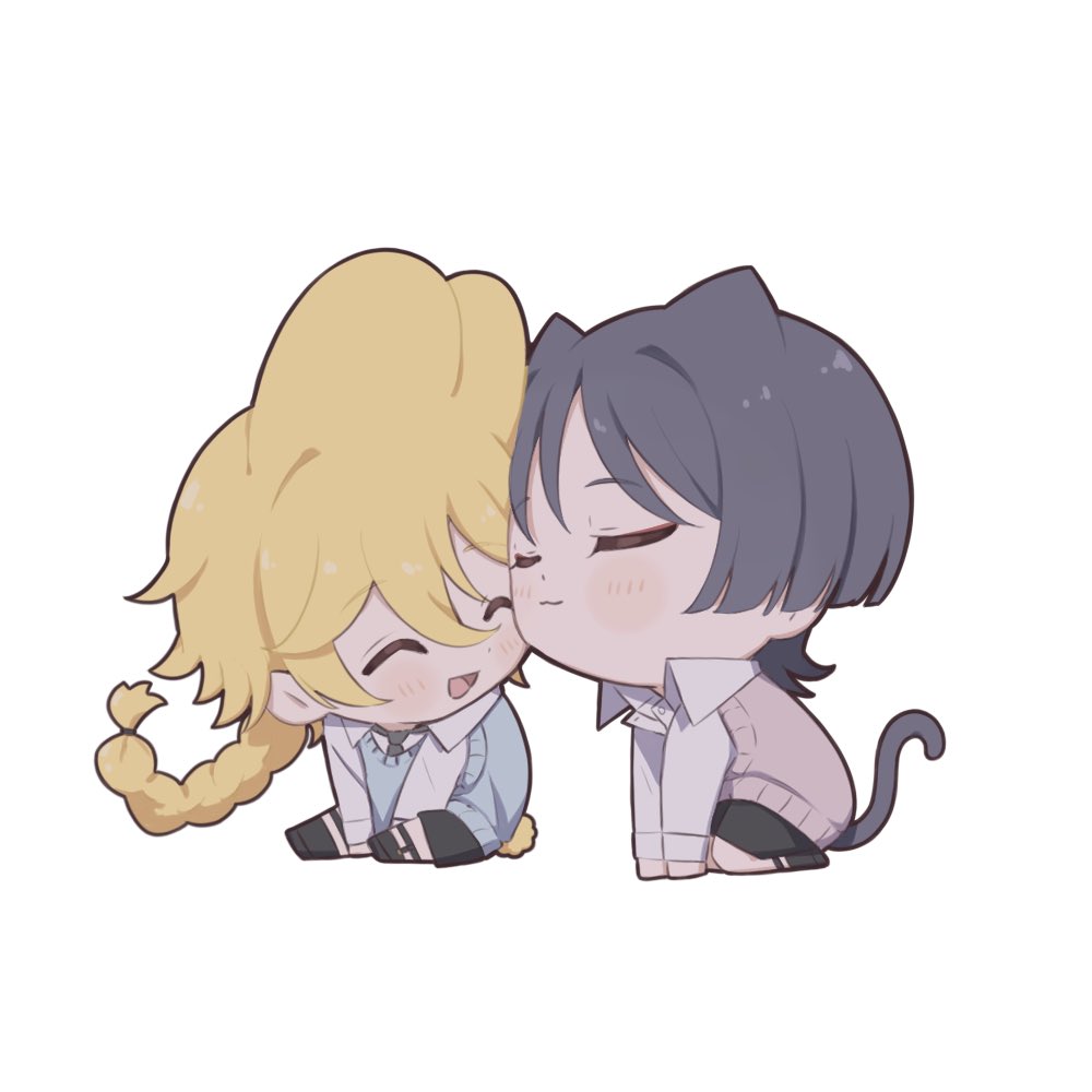 2boys, aether_(genshin_impact), ahoge, alternate_costume, animal_ears, baby_bav, black_footwear, black_shorts, black_socks, blonde_hair, blue_vest, blunt_ends, blush, braid, buttons, cat_ears, cat_tail, chibi, closed_eyes, closed_mouth, collared_shirt, eyeshadow, garter_belt, genshin_impact, grey_necktie, hair_between_eyes, hair_ornament, kemonomimi_mode, long_hair, long_sleeves, makeup, male_focus, multiple_boys, necktie, missing_headwear, open_mouth, parted_bangs, pink_vest, purple_hair, rabbit_ears, rabbit_tail, red_eyeshadow, scaramouche_(genshin_impact), shirt, short_hair, shorts, sitting, smile, socks, tail, tongue, vest, white_shirt, yaoi