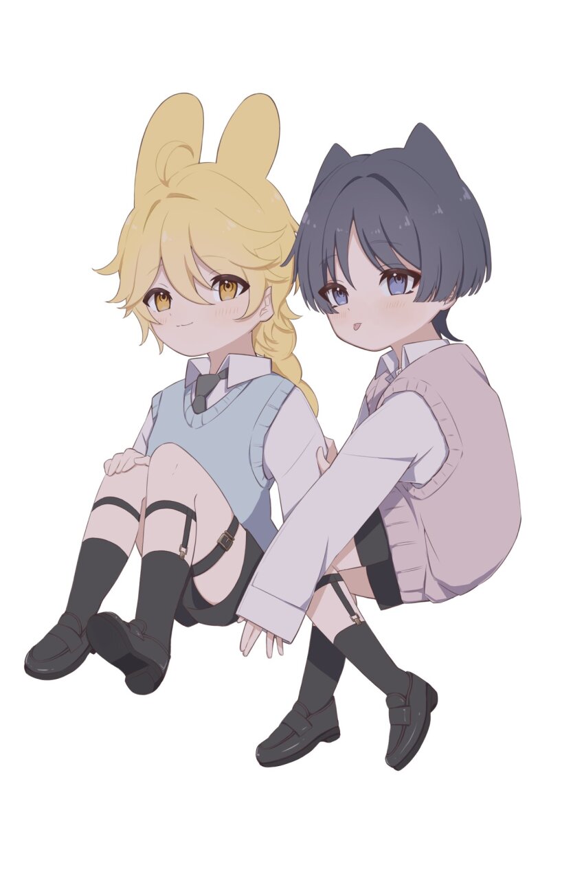 2boys, aether_(genshin_impact), aged_down, ahoge, alternate_costume, animal_ears, baby_bav, belt, black_belt, black_footwear, black_shorts, black_socks, blonde_hair, blue_vest, blunt_ends, blush, boots, braid, cat_ears, child, closed_mouth, collared_shirt, eyeshadow, from_side, garter_belt, genshin_impact, grey_necktie, hair_between_eyes, hand_on_own_knee, hand_up, highres, legwear_garter, long_hair, long_sleeves, looking_at_viewer, makeup, male_focus, multiple_boys, necktie, missing_headwear, orange_eyes, parted_bangs, pink_vest, purple_eyes, purple_hair, rabbit_ears, red_eyeshadow, scaramouche_(genshin_impact), shirt, short_hair, shorts, simple_background, sitting, smile, socks, tongue, tongue_out, vest, white_background, white_shirt