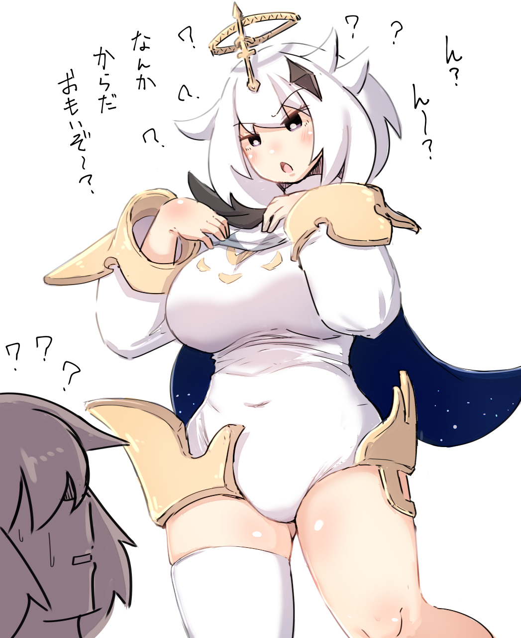 1boy, 1girl, ?, ??, aether_(genshin_impact), aged_up, black_scarf, blue_eyes, blush, breasts, commentary_request, confused, covered_navel, genshin_impact, hair_ornament, halo, hands_up, highres, large_breasts, leotard, long_sleeves, looking_at_another, mechanical_halo, medium_hair, open_mouth, paimon_(genshin_impact), scarf, simple_background, single_thighhigh, skindentation, solo_focus, starry_sky_print, sweatdrop, thighhighs, thighs, translation_request, u-non_(annon'an), v-shaped_eyebrows, white_background, white_hair, white_leotard, white_thighhighs