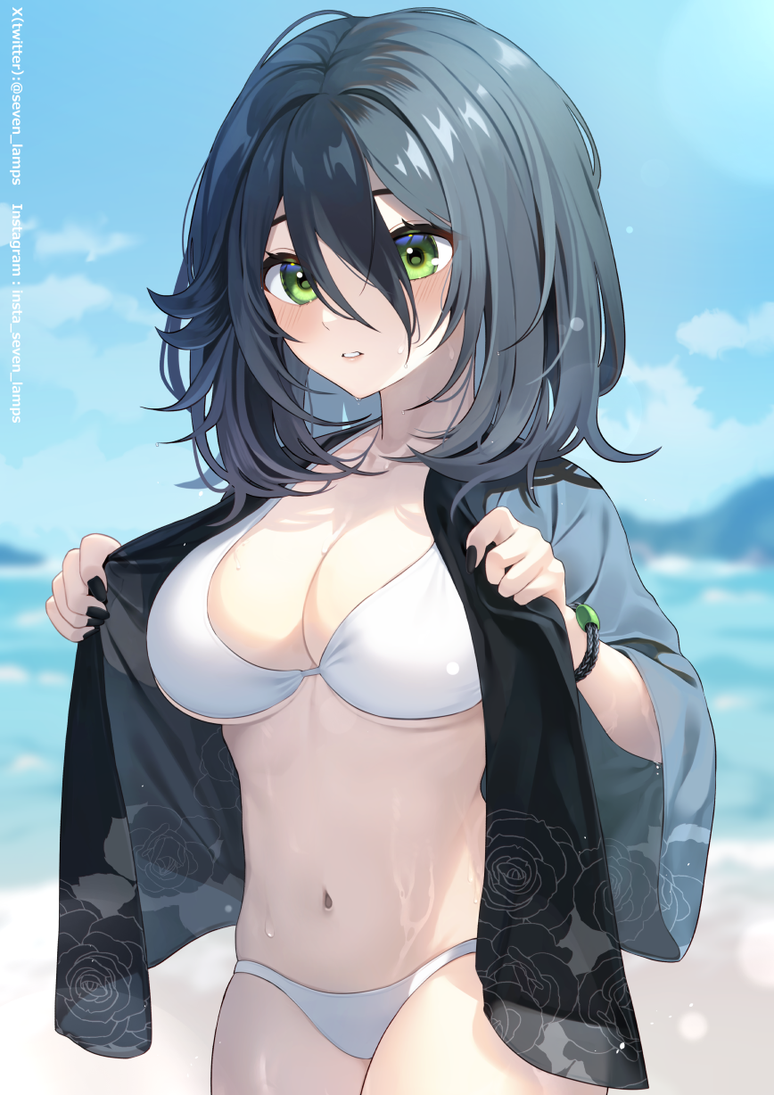 1girl, beach, bikini, black_hair, black_nails, blue_sky, blush, bracelet