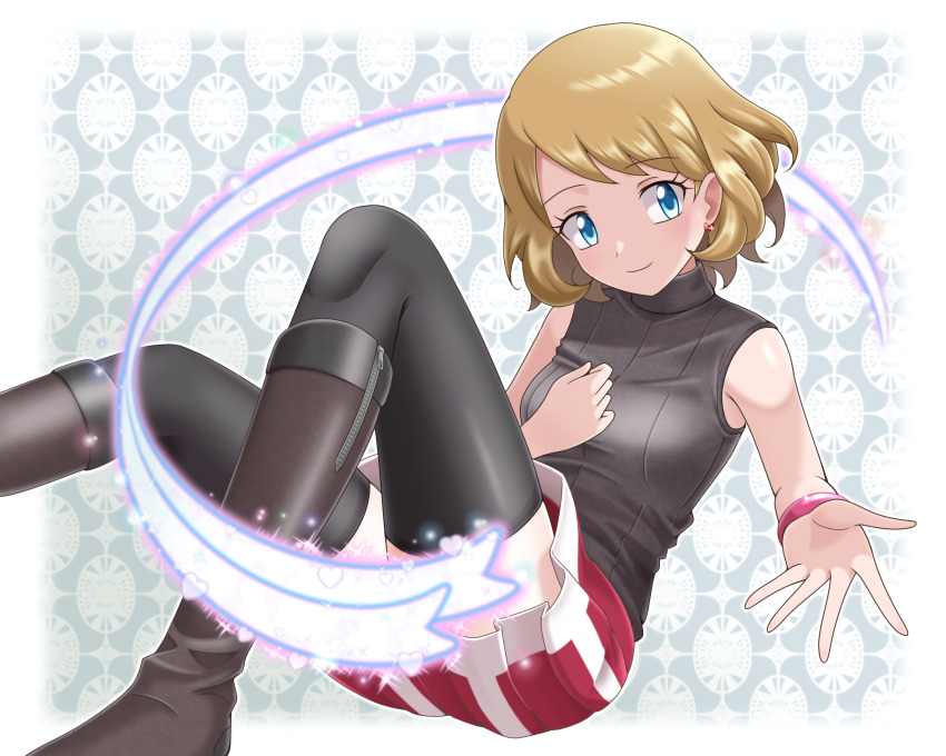 1girl, absurdres, blonde_hair, blue_eyes, boots, bracelet, breasts, brown_boots