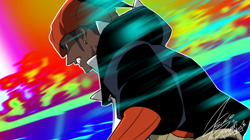 1boy, black_hoodie, clenched_teeth, commentary_request, dark-skinned_male, dark_skin, earrings, from_side