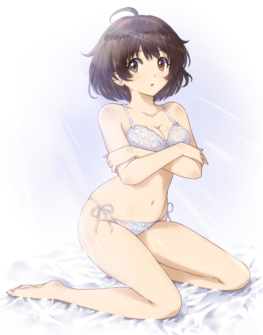 1girl, absurdres, ahoge, blush, bra, brave_witches, breasts, brown_eyes, brown_hair, cleavage, collarbone, crossed_arms, full_body, highres, karibuchi_hikari, kneeling, light_rays, lingerie, looking_at_viewer, medium_breasts, memory_(prophet5), navel, open_mouth, panties, short_hair, side-tie_panties, solo, underwear, underwear_only, white_bra, world_witches_series