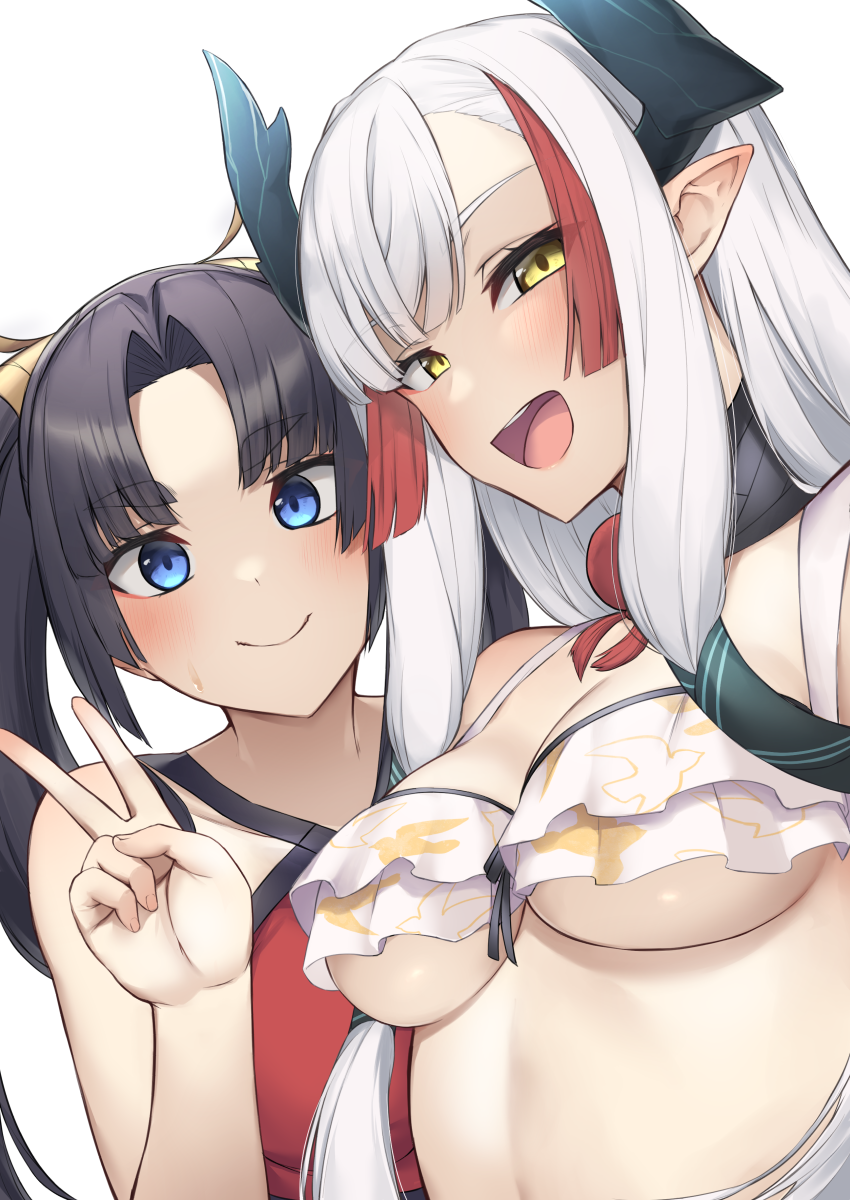 2girls, animal_print, bare_shoulders, bikini, bird_print, black_hair, blue_eyes, blush