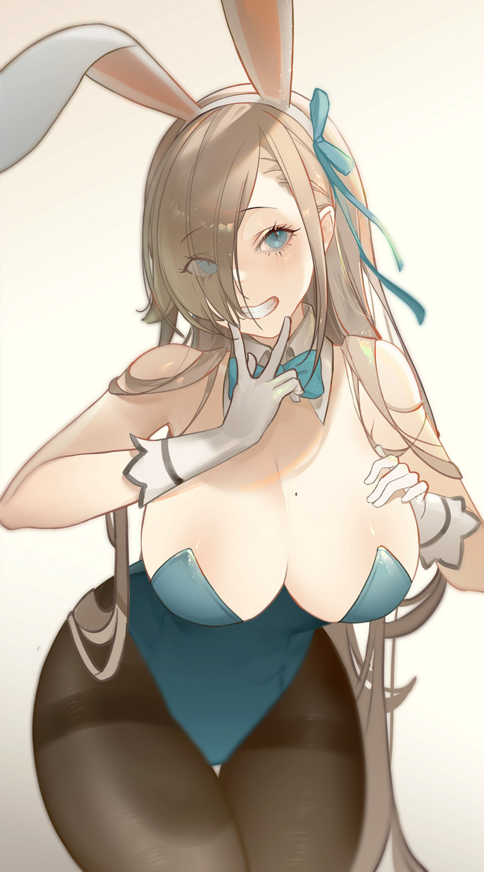 1girl, animal_ears, asuna_(blue_archive), asuna_(bunny)_(blue_archive), black_pantyhose, blue_archive, blue_bow, blue_bowtie