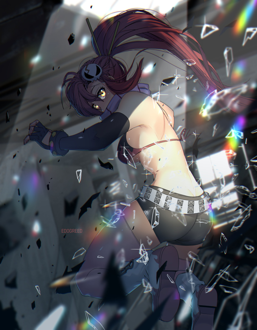 1girl, absurdres, ass, belt, bikini, bikini_top_only, black_gloves, black_shorts