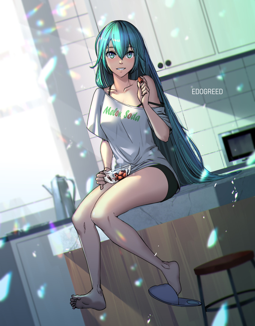 1girl, absurdres, aqua_hair, artist_name, bare_legs, barefoot, black_shorts, bra_strap