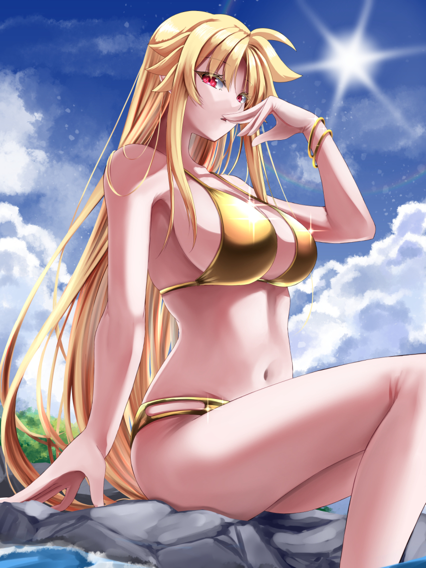 1girl, bare_arms, bare_legs, bikini, blonde_hair, bracelet, breasts, cloud