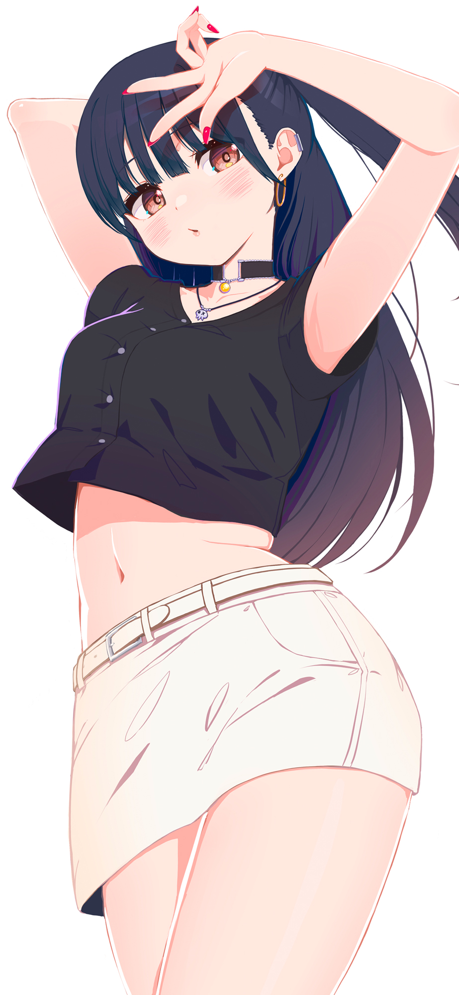 1girl, arm_behind_head, arms_up, black_choker, black_hair, black_shirt, blush, boku_no_kokoro_no_yabai_yatsu