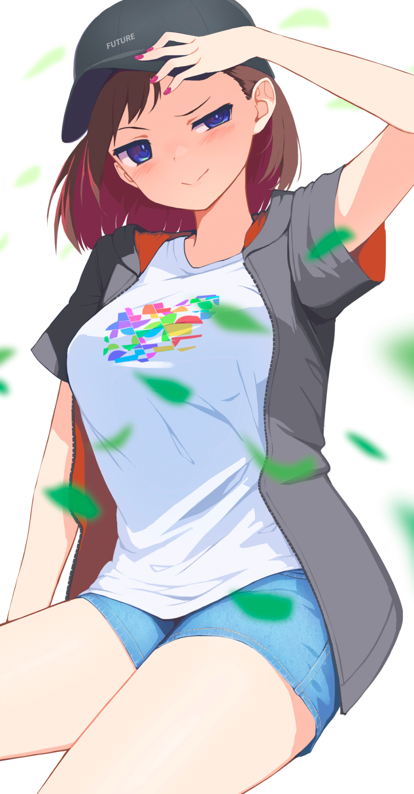 1girl, arm_up, baseball_cap, black_hat, blue_eyes, blue_shorts, blush, boku_no_kokoro_no_yabai_yatsu